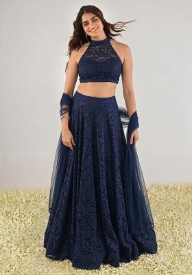 Navy Blue Embroidered Chanderi Lehenga Set