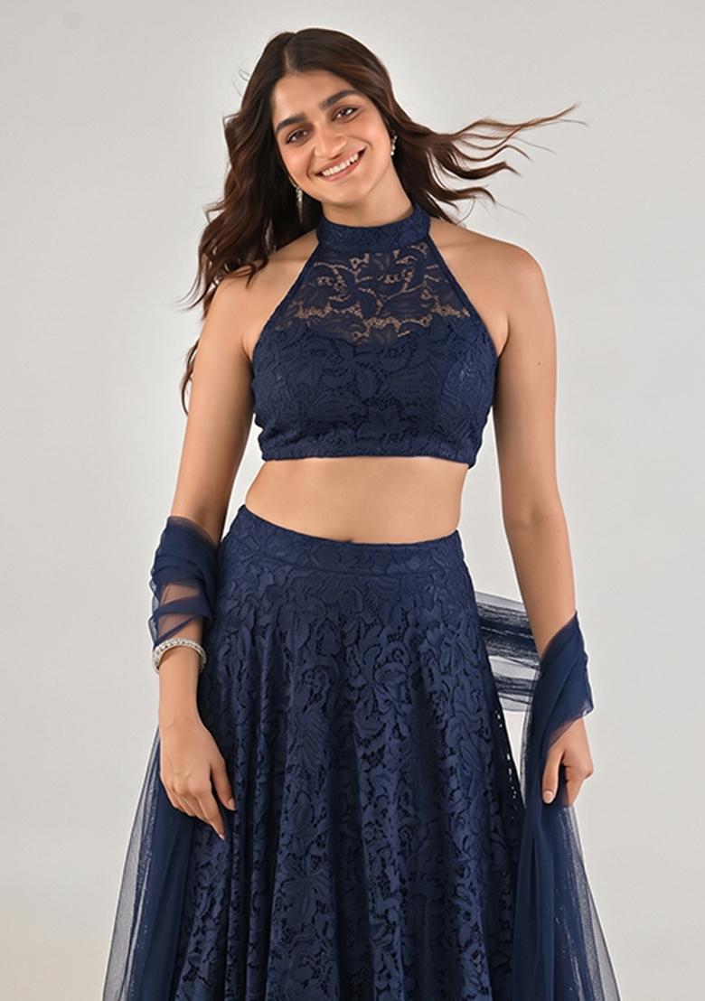 Navy Blue Embroidered Chanderi Lehenga Set - Indya