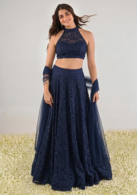Navy Blue Net Embroidered Lehenga Set