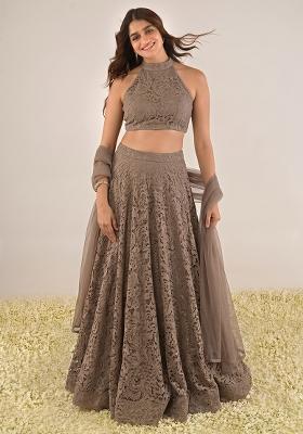 Taupe Embroidered Chanderi Lehenga Set