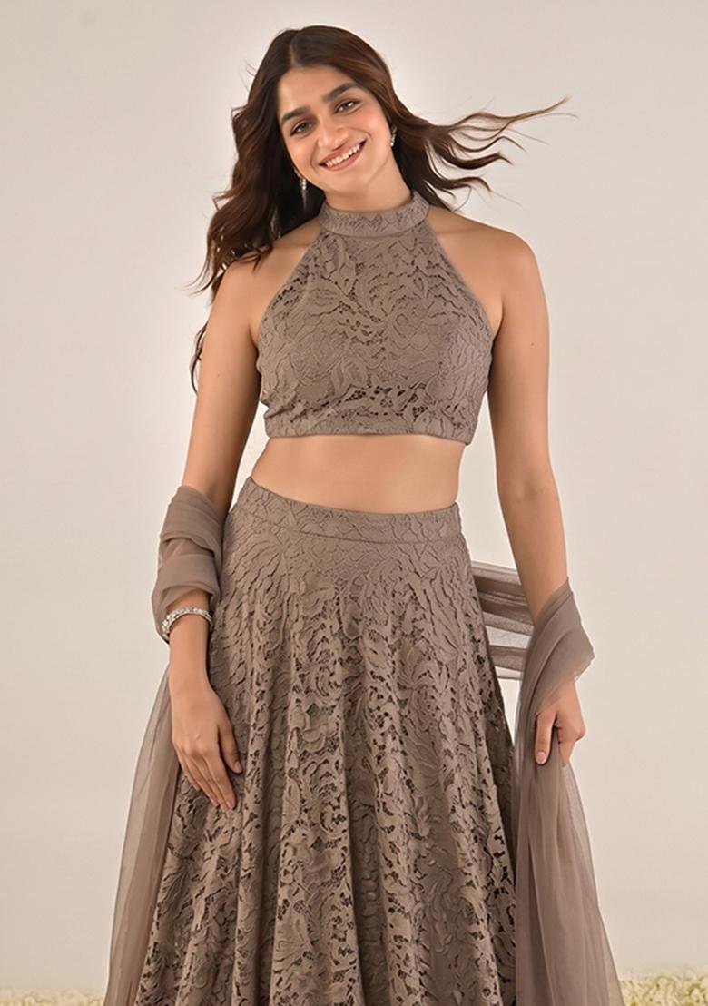 Taupe Embroidered Chanderi Lehenga Set - Indya