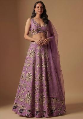Mauve Embroidered Crepe Lehenga Set
