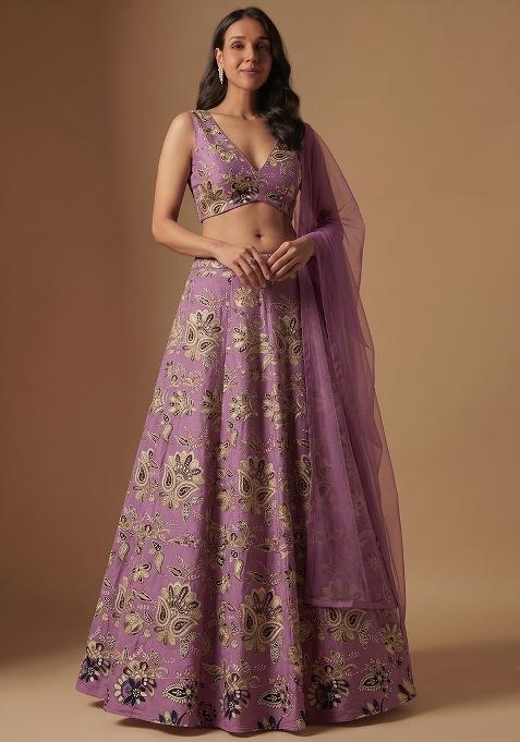 Mauve Silk Blend Embroidered Lehenga Set