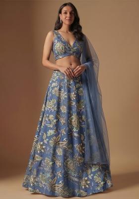 Dark Dusty Blue Embroidered Crepe Lehenga Set