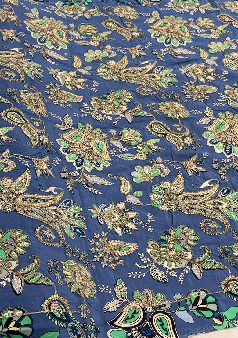 Dark Dusty Blue Embroidered Crepe Lehenga Set - Indya