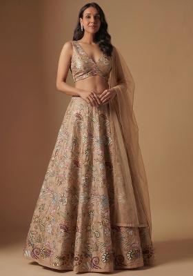French Beige Silk Blend Embroidered Lehenga Set