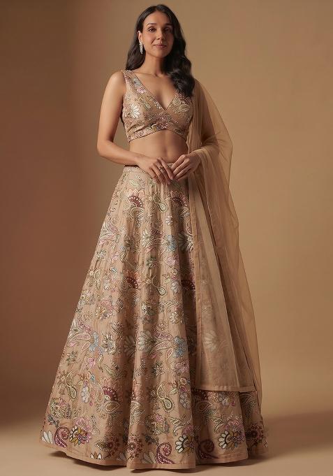Beige Silk Blend Embroidered Lehenga Set