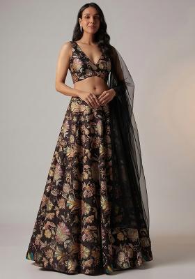 Dark Brown Printed Crepe Lehenga Set