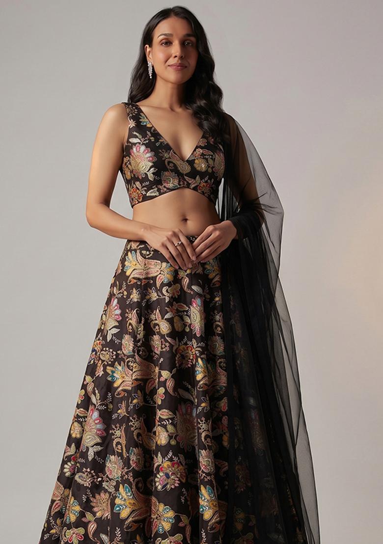 Dark Brown Printed Crepe Lehenga Set - Indya