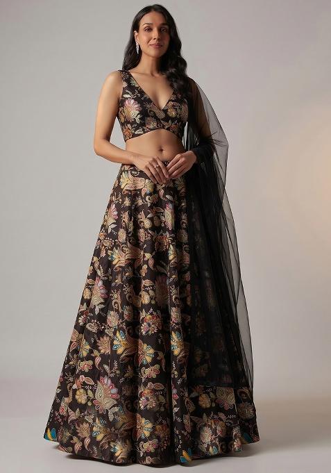 Dark Brown Silk Blend Floral Print Lehenga Set