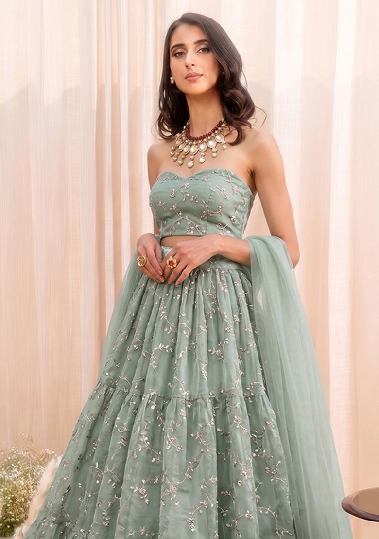 Sage Green Embroidered Organza Lehenga Set - Indya