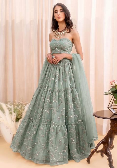 Sage Green Organza Embroidered Lehenga Set