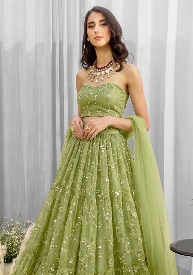 Olive Green Embroidered Organza Lehenga Set - Indya