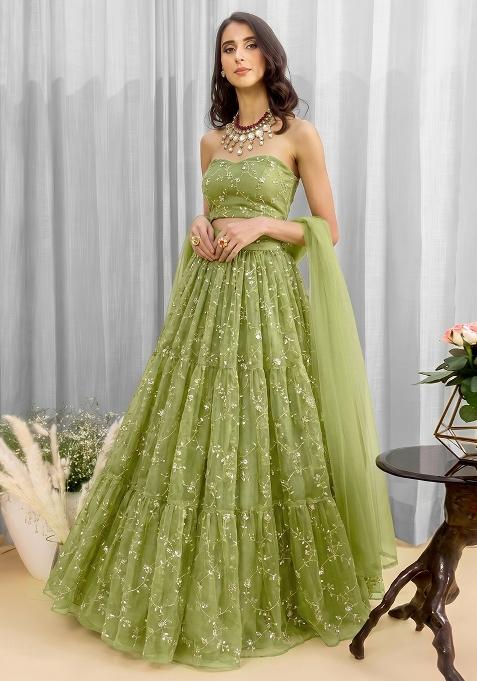 Olive Green Organza Embroidered Lehenga Set