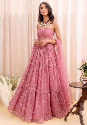Dusty Rose Embroidered Organza Lehenga Set