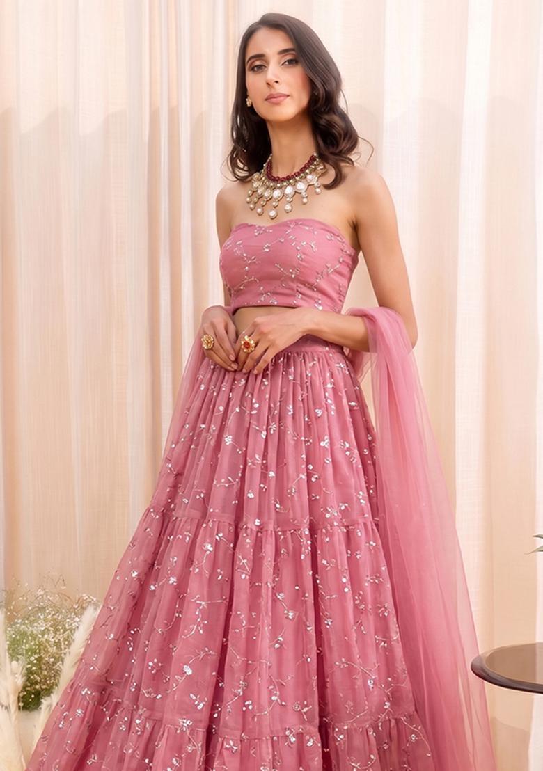 Dusty Rose Embroidered Organza Lehenga Set - Indya