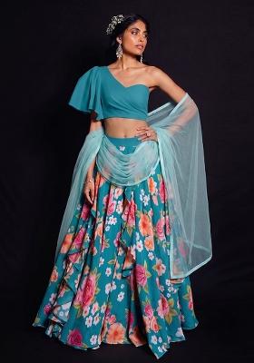 Teal Printed Georgette Fusion Set