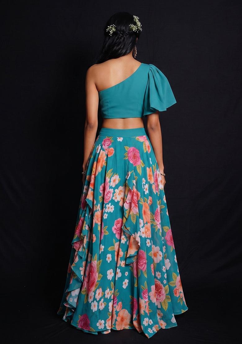 Teal Printed Georgette Fusion Set - Indya