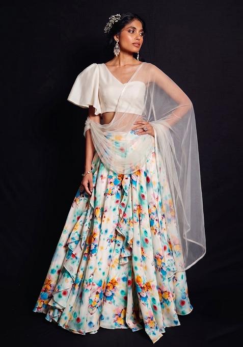 White Silk Blend Floral Print Fusion Set