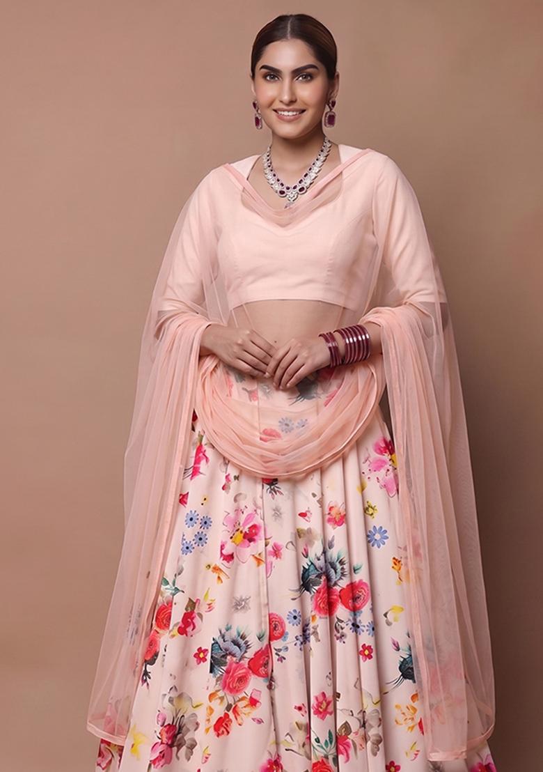 Pink Beige Printed Georgette Lehenga Set - Indya