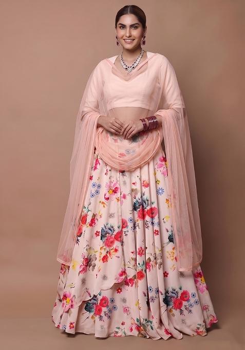 Pink Beige Crepe Floral Print Lehenga Set