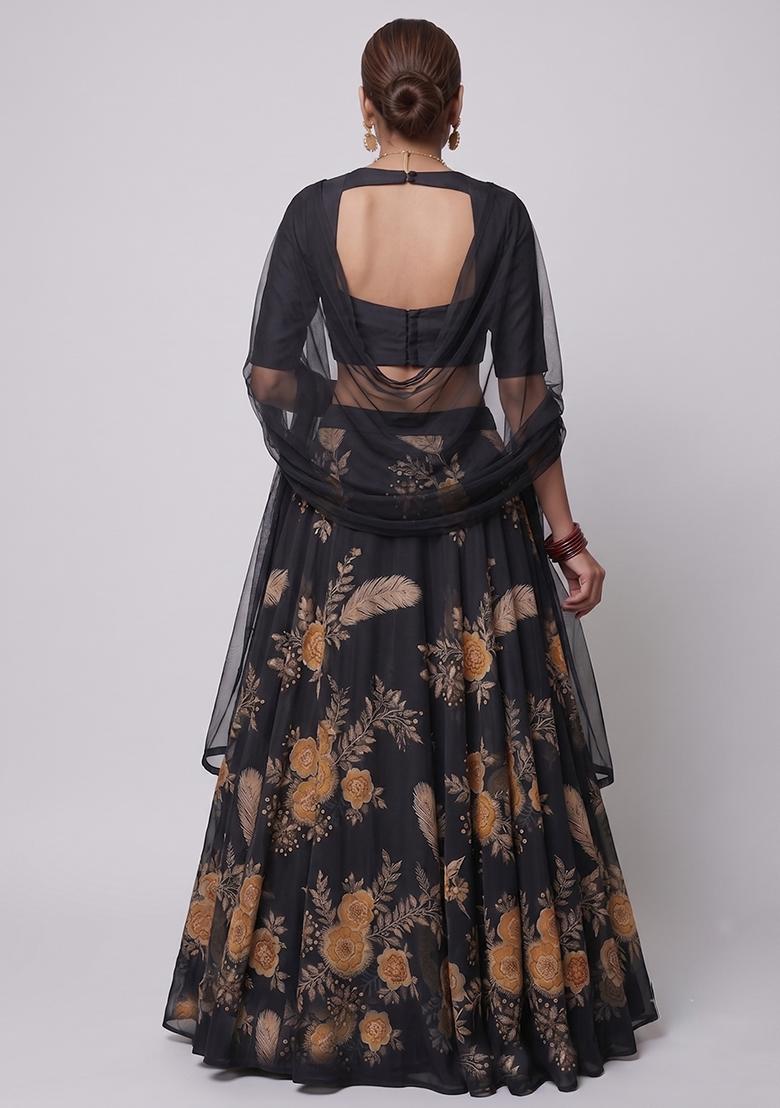 Black Printed Georgette Lehenga Set - Indya