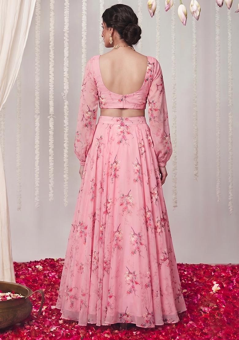 Baby Pink Printed Georgette Lehenga Set - Indya