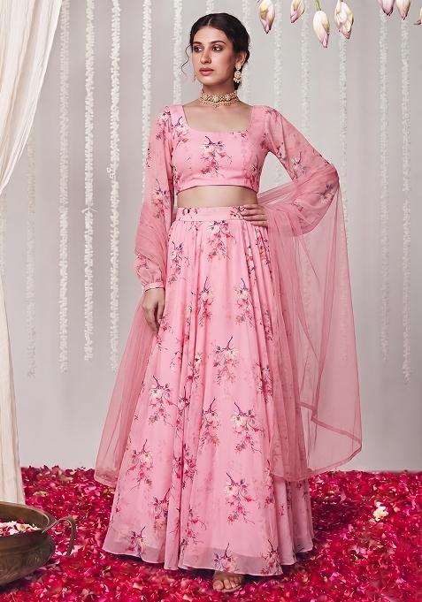 Baby Pink Georgette Floral Print Lehenga Set