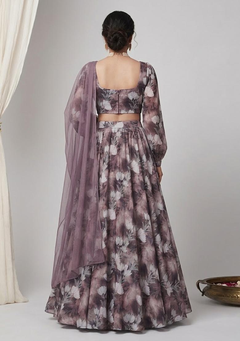 Dusty Mauve Organza Floral Print Lehenga Set - Indya