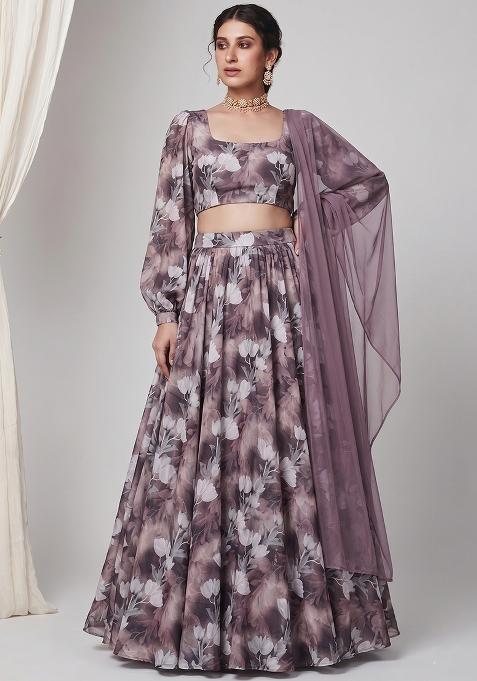 Mauve Organza Floral Print Lehenga Set