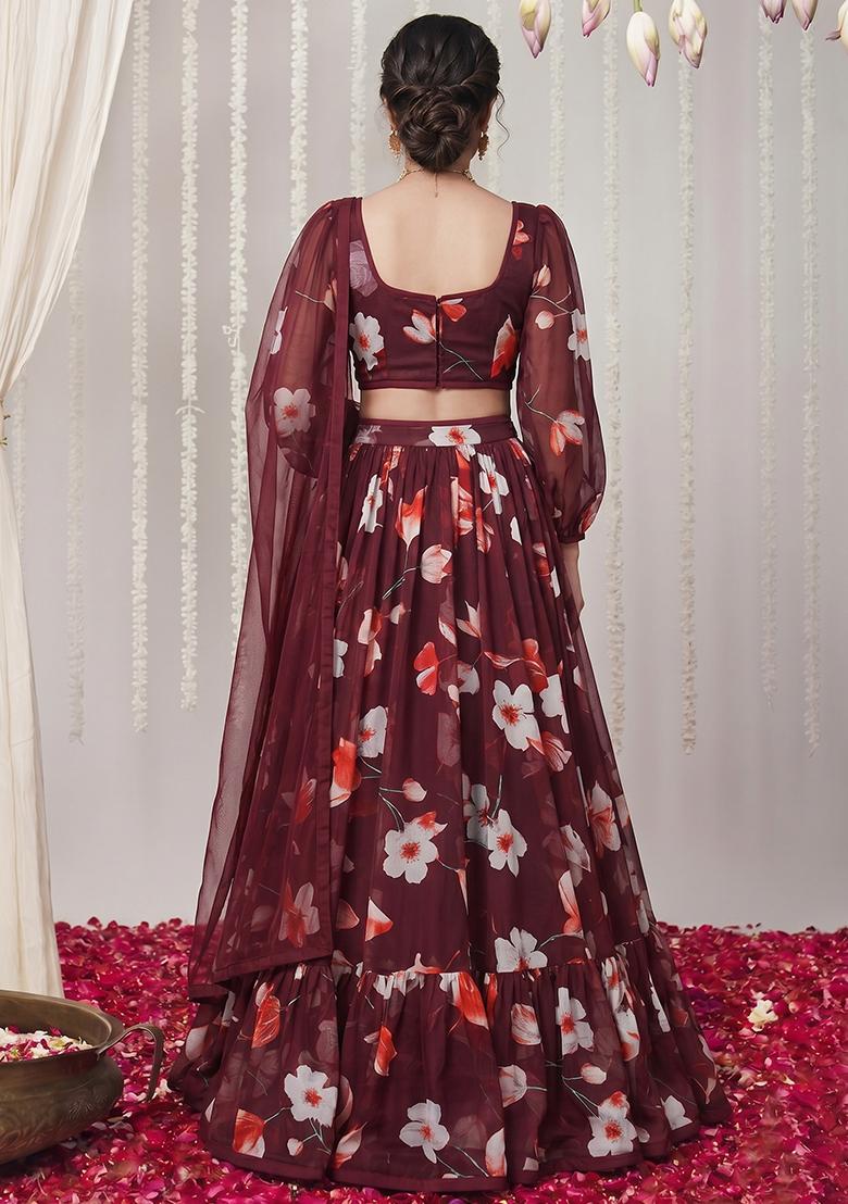 Maroon Printed Georgette Lehenga Set - Indya