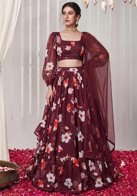 Maroon Georgette Floral Print Lehenga Set