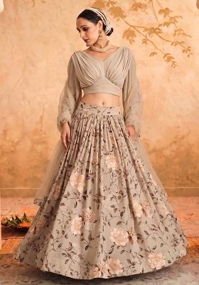 Beige Printed Georgette Lehenga Set