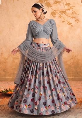Charcoal Grey Printed Georgette Lehenga Set