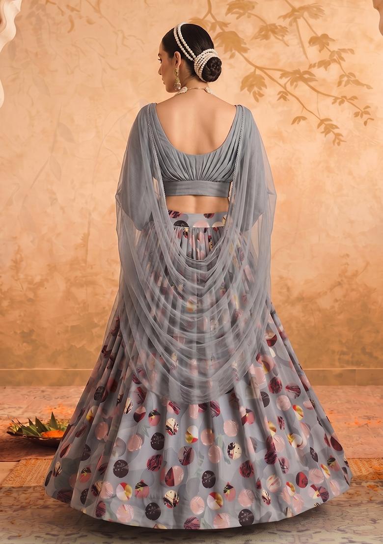 Charcoal Grey Printed Georgette Lehenga Set - Indya