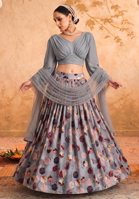 Charcoal Grey Crepe Printed Lehenga Set