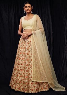 Beige Printed Silk Blend Lehenga Set