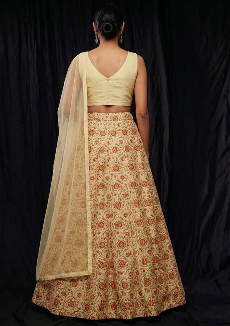 Beige Printed Silk Blend Lehenga Set - Indya