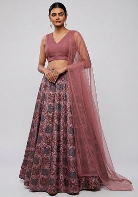 Mauve Printed Silk Blend Lehenga Set