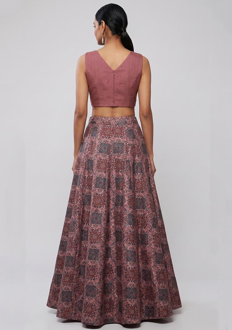 Mauve Printed Silk Blend Lehenga Set - Indya