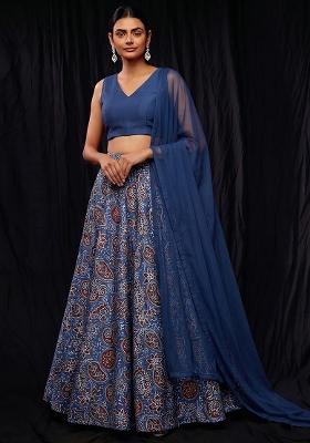 Navy Blue Printed Silk Blend Lehenga Set