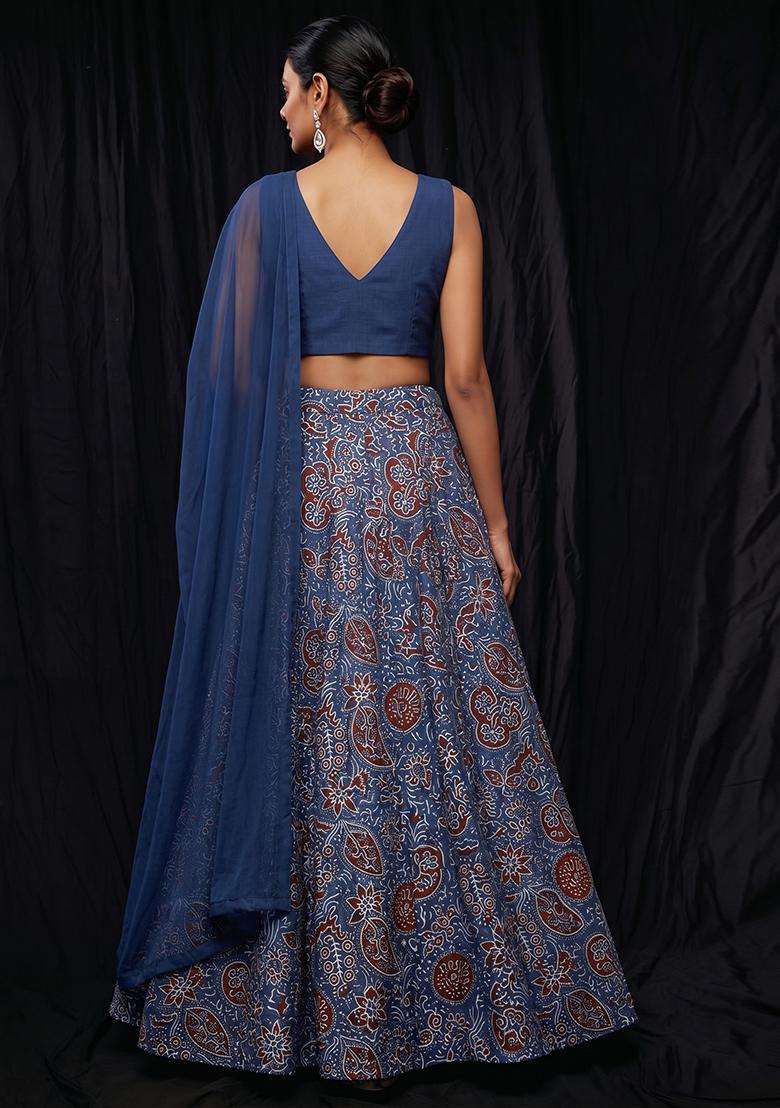 Navy Blue Printed Silk Blend Lehenga Set - Indya