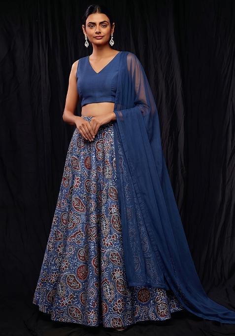 Navy Blue Printed Silk Blend Lehenga Set
