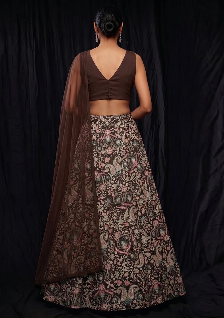 Dark Brown Printed Silk Blend Lehenga Set - Indya