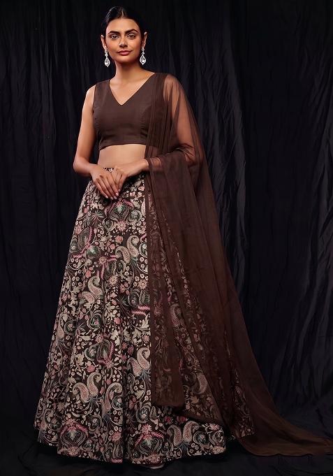 Dark Brown Silk Blend Printed Lehenga Set