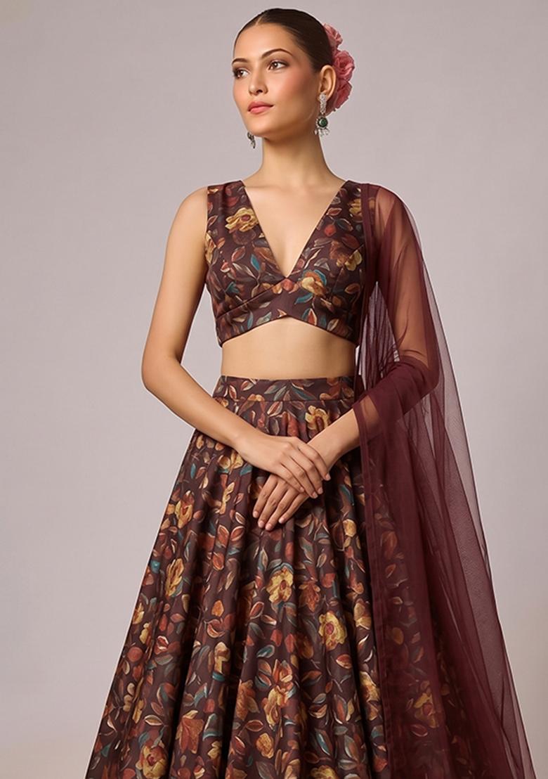 Chocolate Brown Printed Silk Blend Lehenga Set - Indya