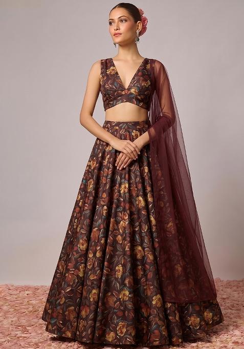 Chocolate Brown Printed Silk Lehenga Set