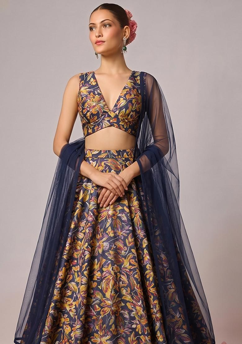 Navy Blue Printed Silk Blend Lehenga Set - Indya