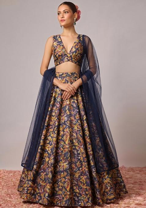 Navy Blue Printed Silk Blend Lehenga Set