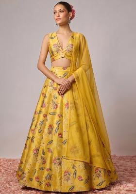 Mustard Printed Silk Blend Lehenga Set